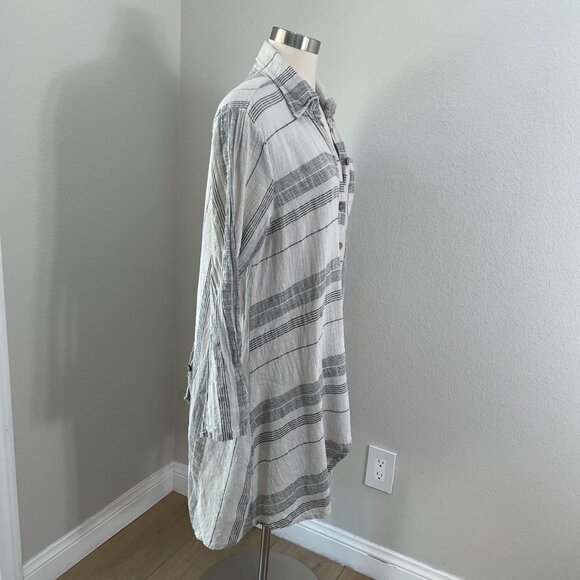 Saga Womens OS Made In Italy 100% Linen Striped Long Shirt Tunic Top Button Back - Picture 3 of 12